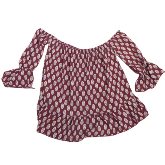Top Burgundy Bohemian Paisley Print Ruffled Cottage Core Off Shoulder Sz M - Picture 4 of 8